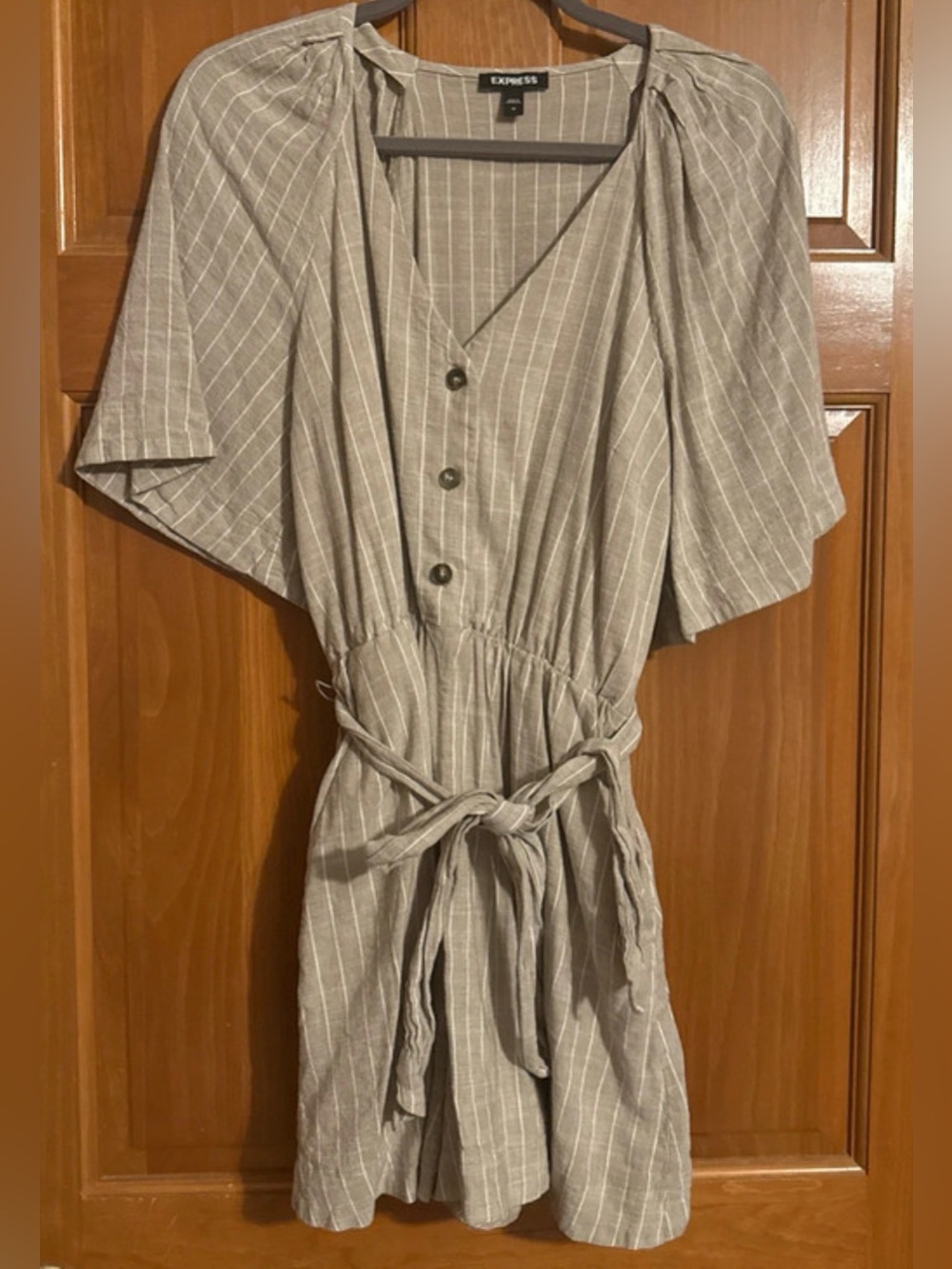 Express women’s linen blend khaki and white striped romper size M